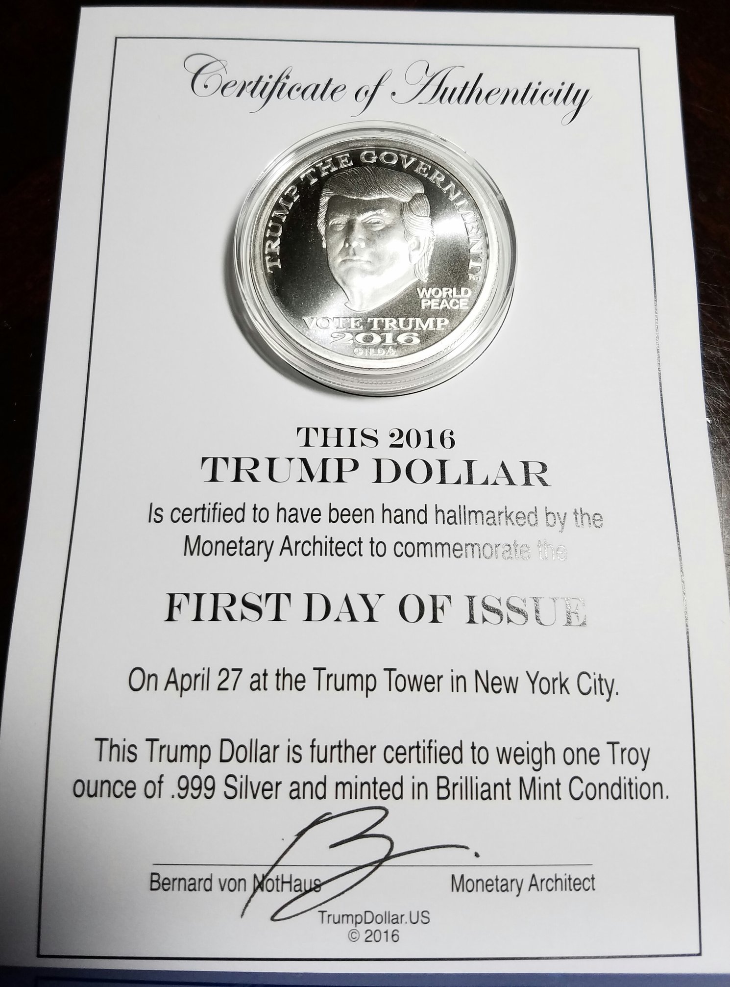 2016 Trump Liberty Dollar Silver Coin First Day Issue 125 Shipped