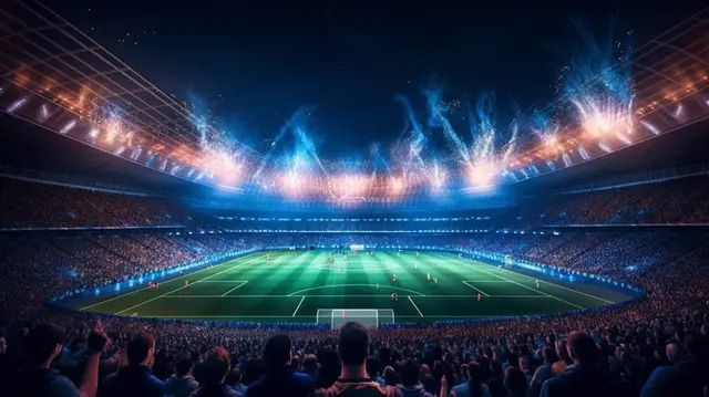 3D Render Of A Soccer Stadium With Fans Under The Night Sky Background