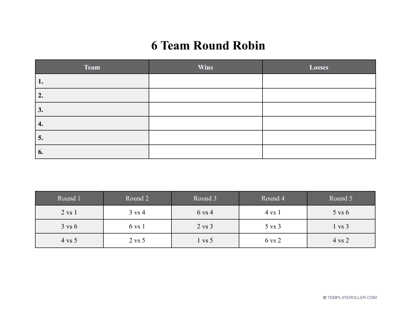 5 Team Round Robin Printable Tournament Bracket