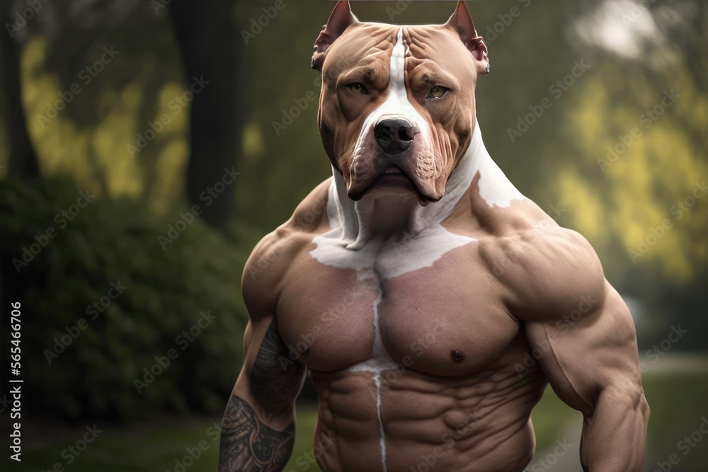 A Bold Illustration Of A Muscle Pitbull Dog With Human Form Generative