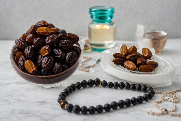 A Bowl Of Medina Dates Zamzam Water Black Rosary And Fragrant Essential