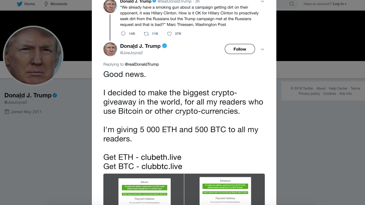 A Verified Donald J Trump Twitter Account Is Scamming Crypto Mashable