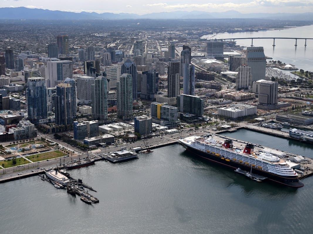 Aerial View Of The Port Of San Diego With Three Cruise Ships In Port