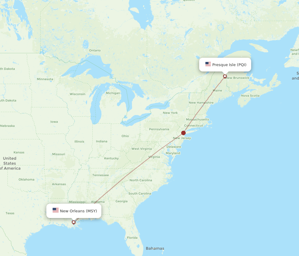 All Flight Routes From Presque Isle To New Orleans Pqi To Msy Flight