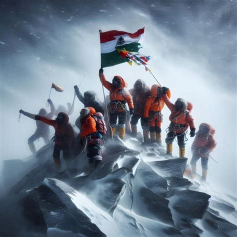 Atop The Rugged Summit Of Mount Everest Exhausted Climbers Celebrate