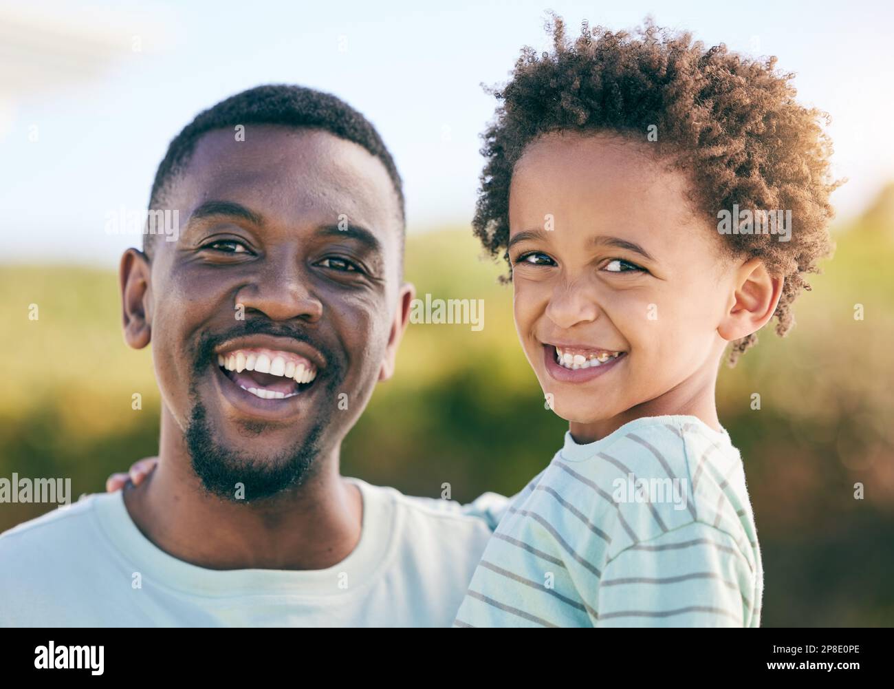 Black Family Portrait And Dad Smile With Young Child Together Outdoor