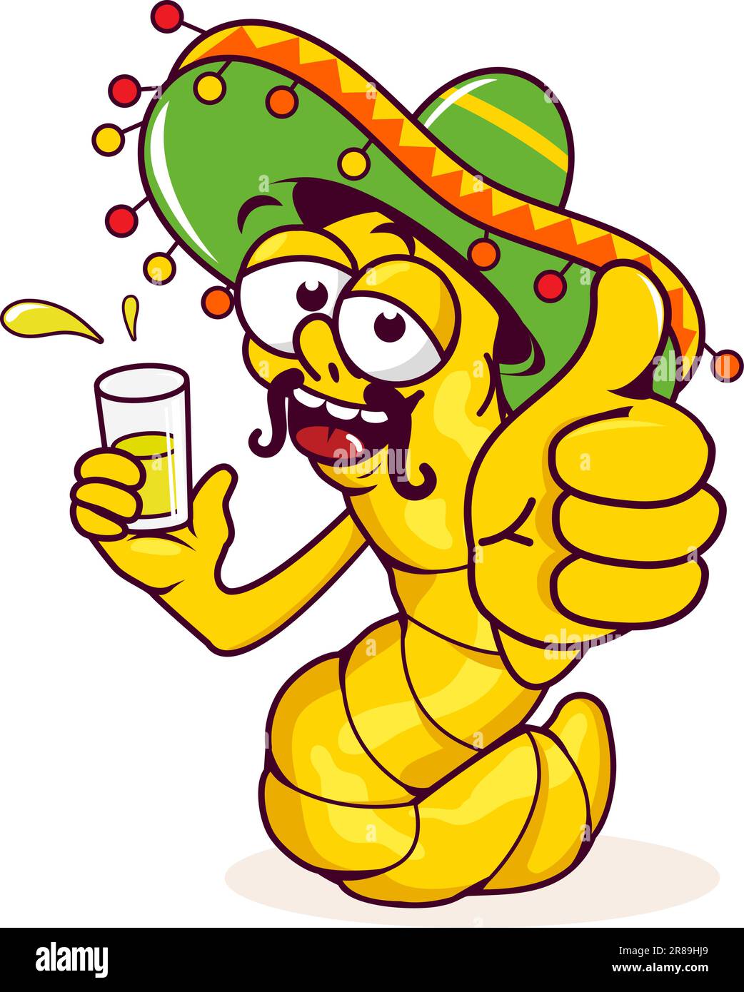 Cartoon Tequila Worm Drinking A Shot Of Tequila Vector Illustration