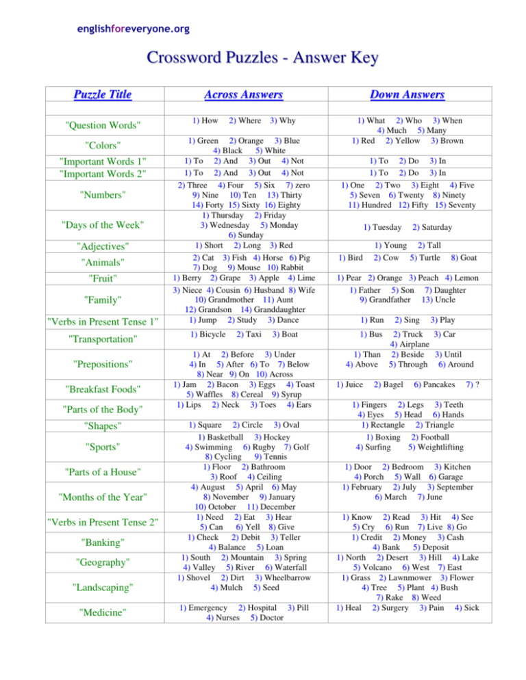 Crossword Puzzles With Answer Key Printables