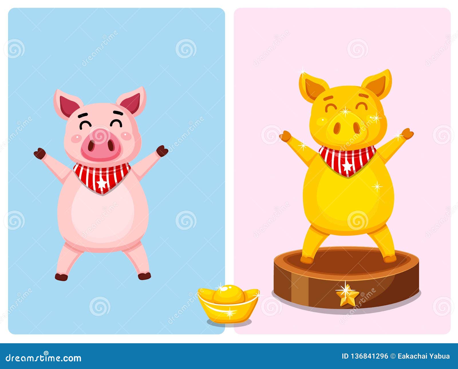 Cute Pink Fat Pig And Golden Fat Pig Characters Vector Illustration