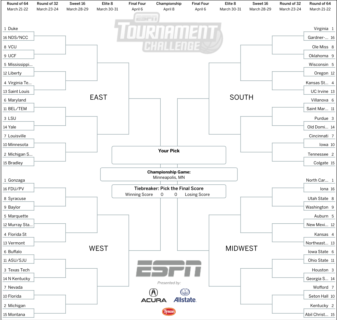 Free Printable March Madness Bracket Ncaa Tournament