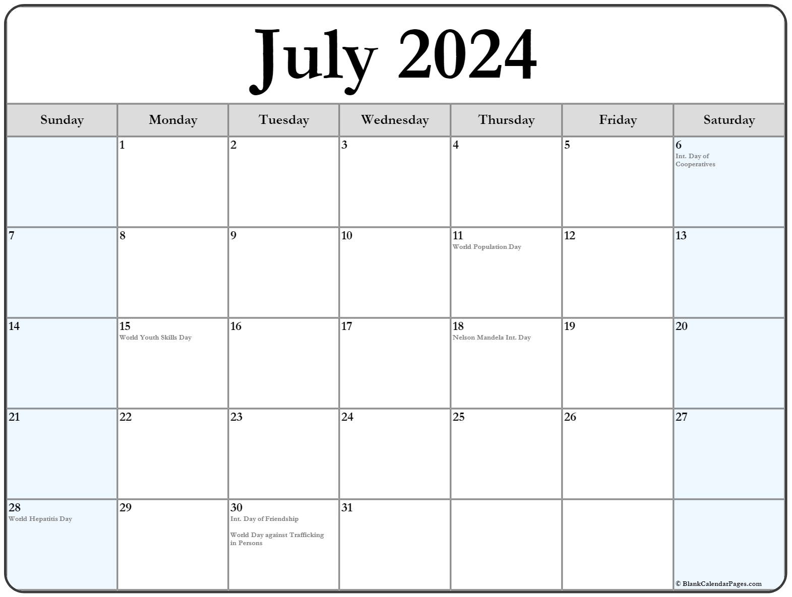 July 2024 Calendar Holidays Calendar 2024