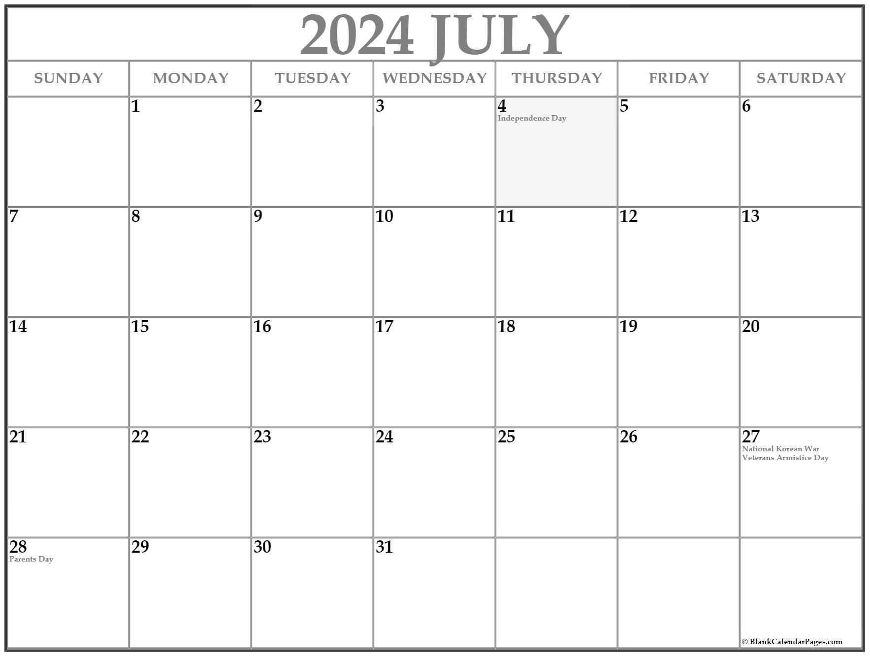 July 2024 Calendar With Holidays