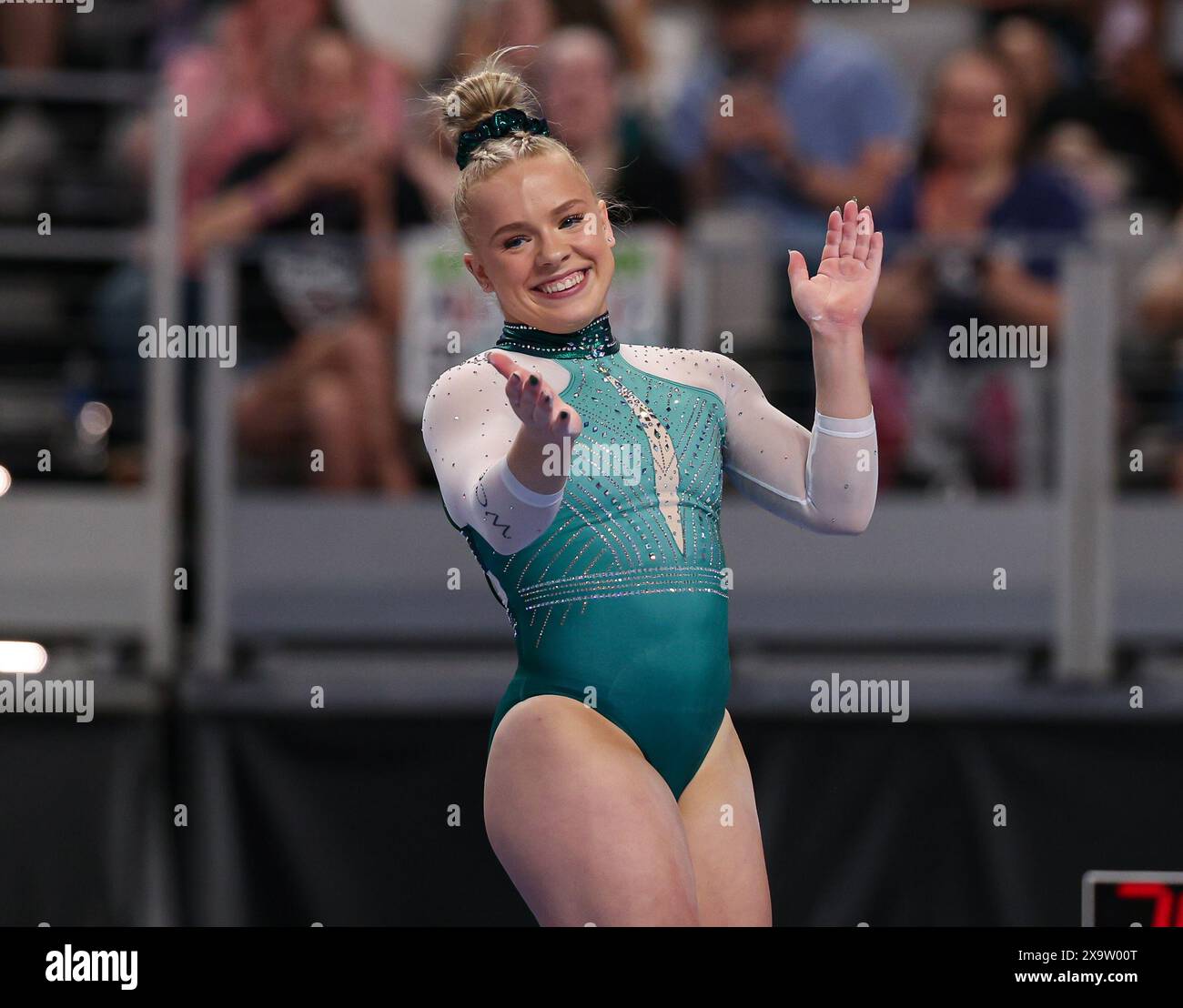 June 2 2024 Joscelyn Roberson Smiles After Completing Her Beam