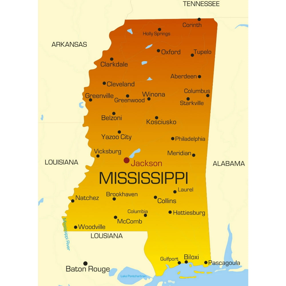 Laminated Poster Mississippi State Map Jackson City Poster Print 20 X