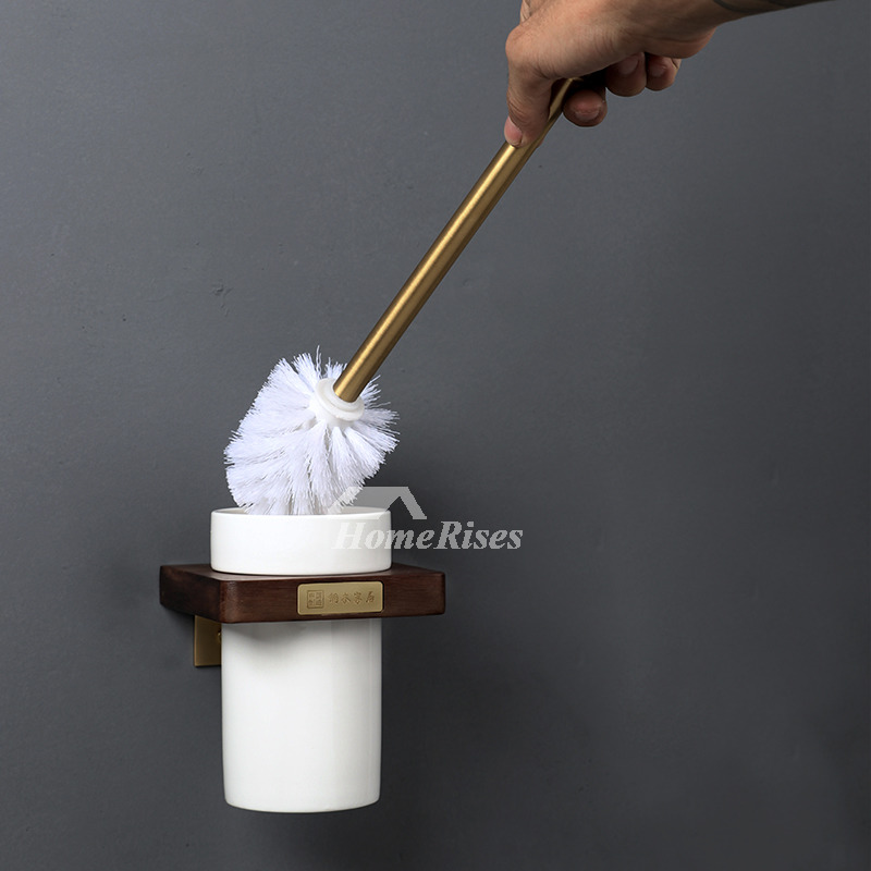 Luxury Walnut Wooden Toilet Brush Holder White Ceramic Brushed Brass