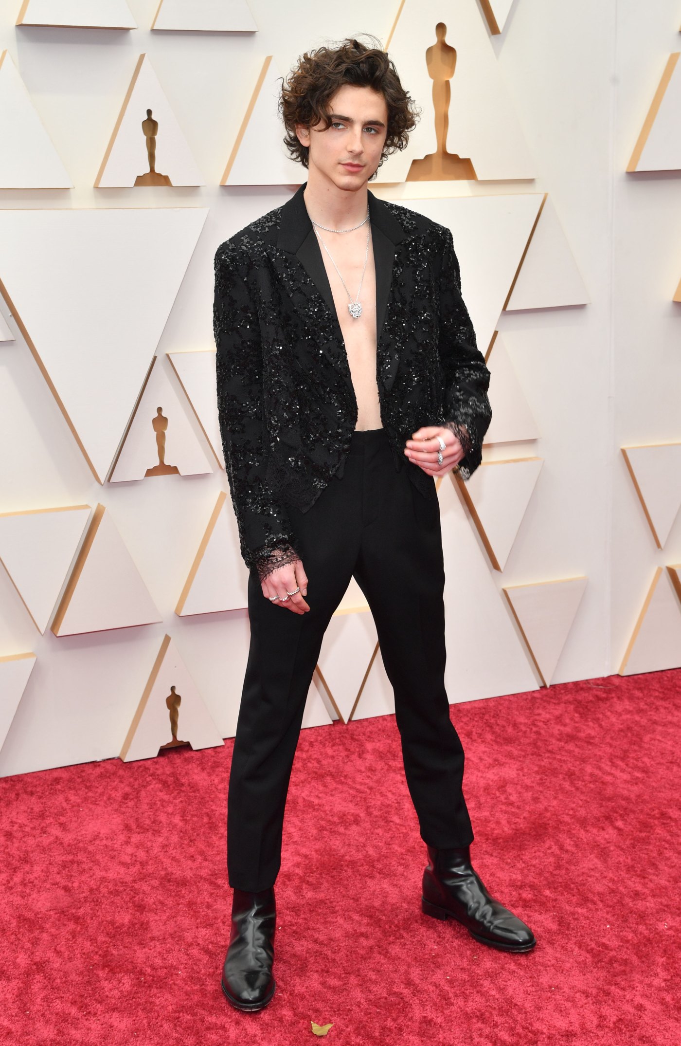 Oscars 2022 Timothee Chalamet Goes Shirtless On Red Carpet Us Weekly