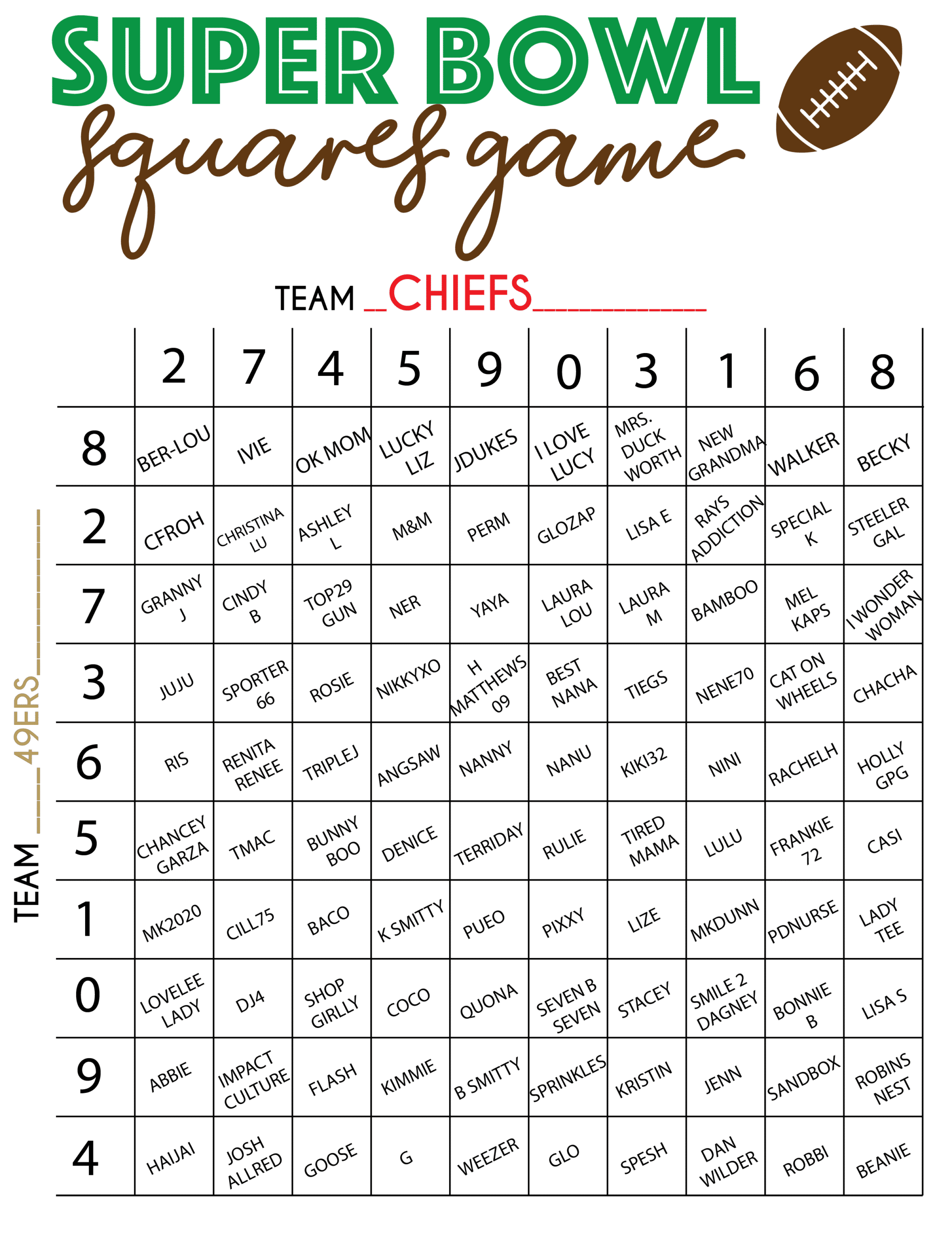 Printable Super Bowl Squares 50 Grid Office Pool