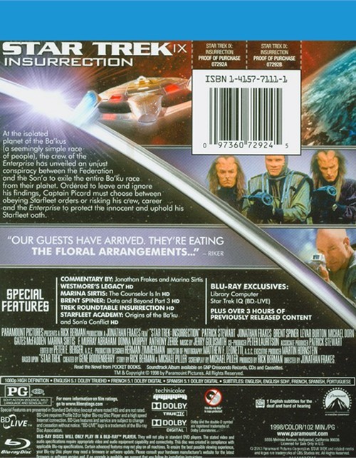 Star Trek Ix Insurrection 1998 Blu Ray Poh Kim Video