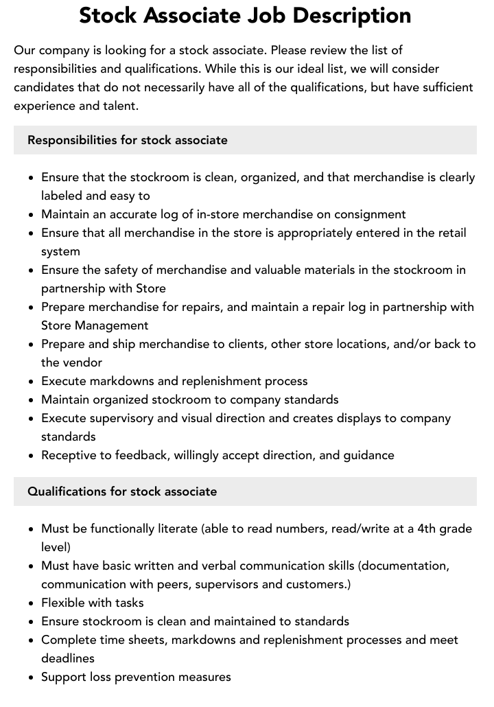 Stock Associate Job Description Velvet Jobs