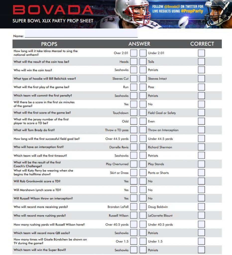 Super Bowl Prop Bet Sheet