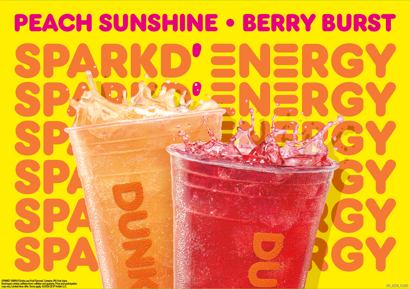 The New Dunkin 2024 Spring Menu Is Here The Menu Includes A Berry Burst Sparkd Energy Drink Peach Sunshine Sparkd Energy Drink Churro Latte Cinnamon Vanilla Coffee Churro Donut Breakfast Empanada And