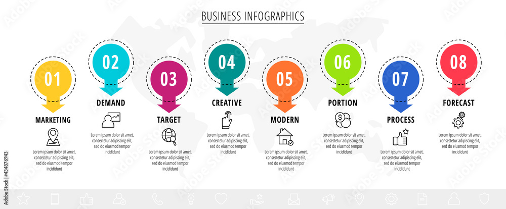 Vector Infographics Or Timeline Eight Circles Cards Connected By Arrows