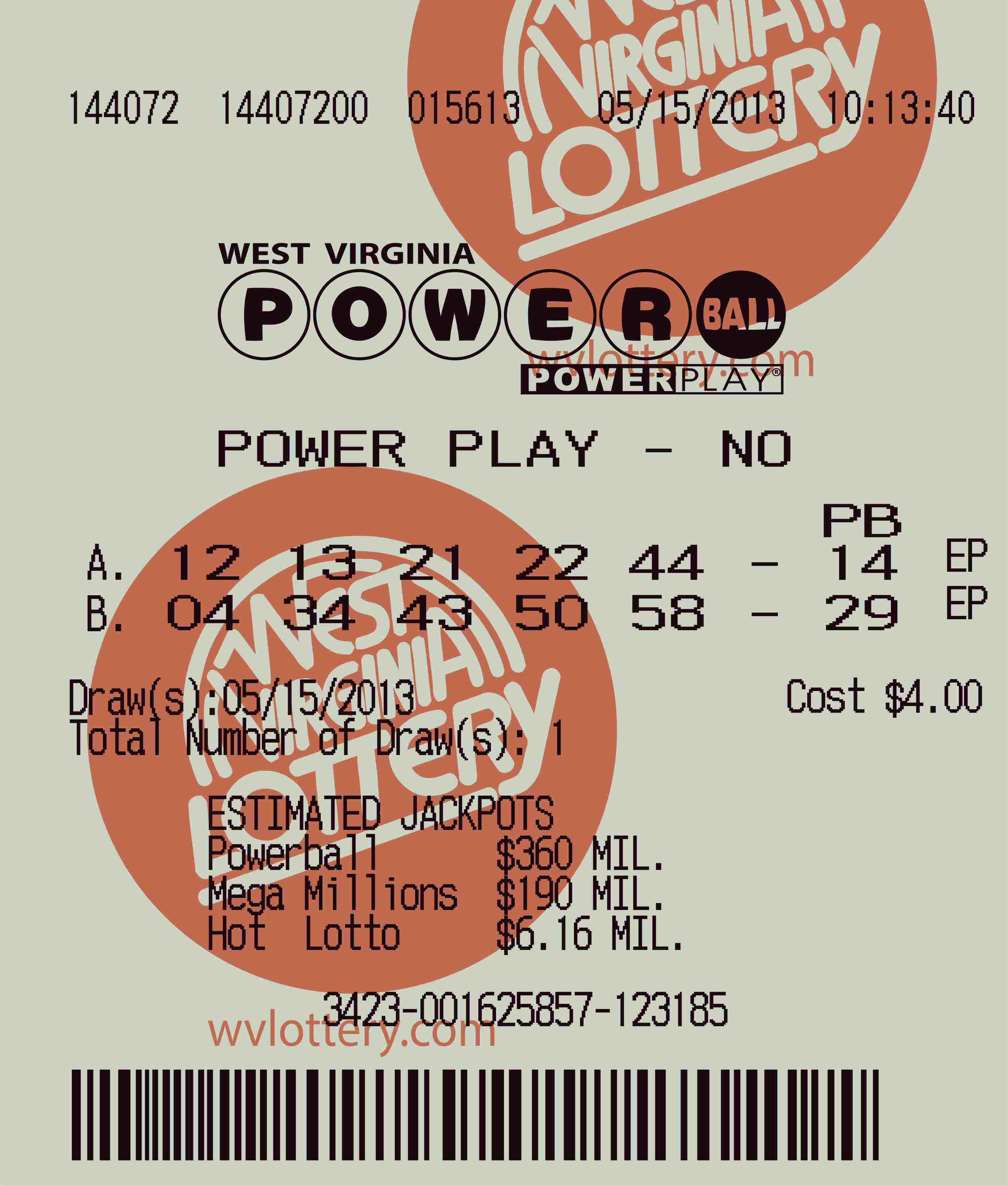 West Virginia Powerball Lotto Ticket