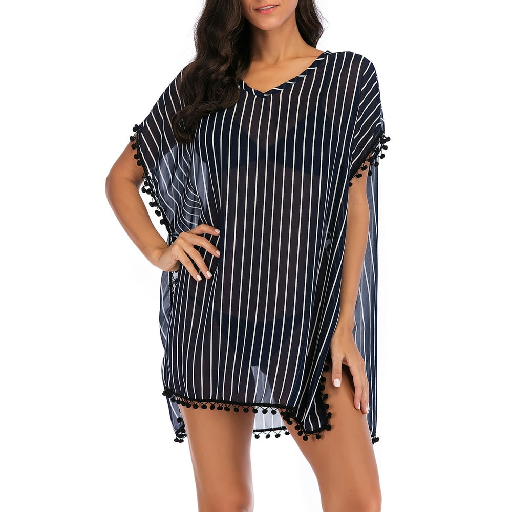 Women S Plus Size Stripe Chiffon Cover Up Tassel Swimsuit Beach Bikini