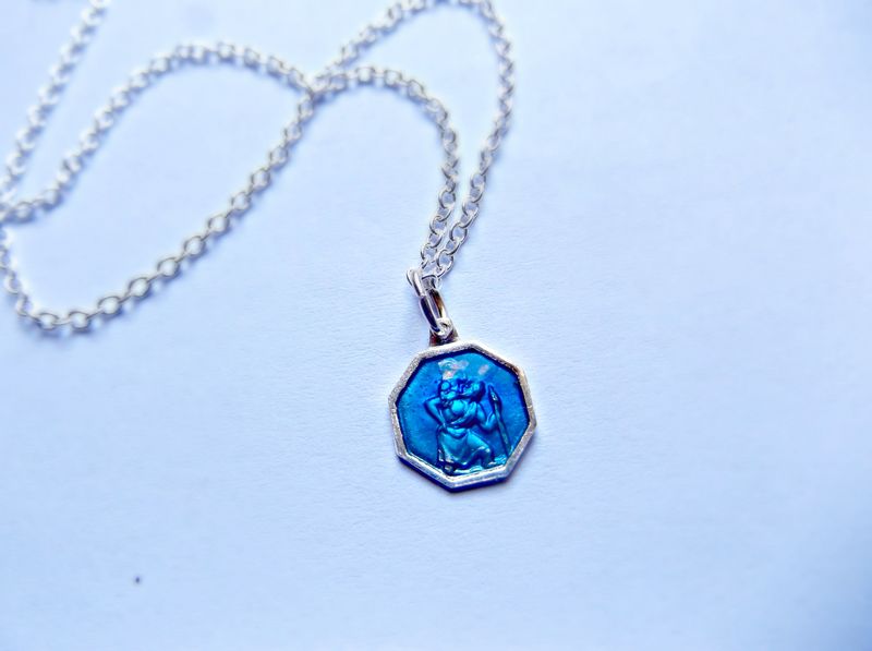 Women S Round Blue Enamel St Christopher Necklace