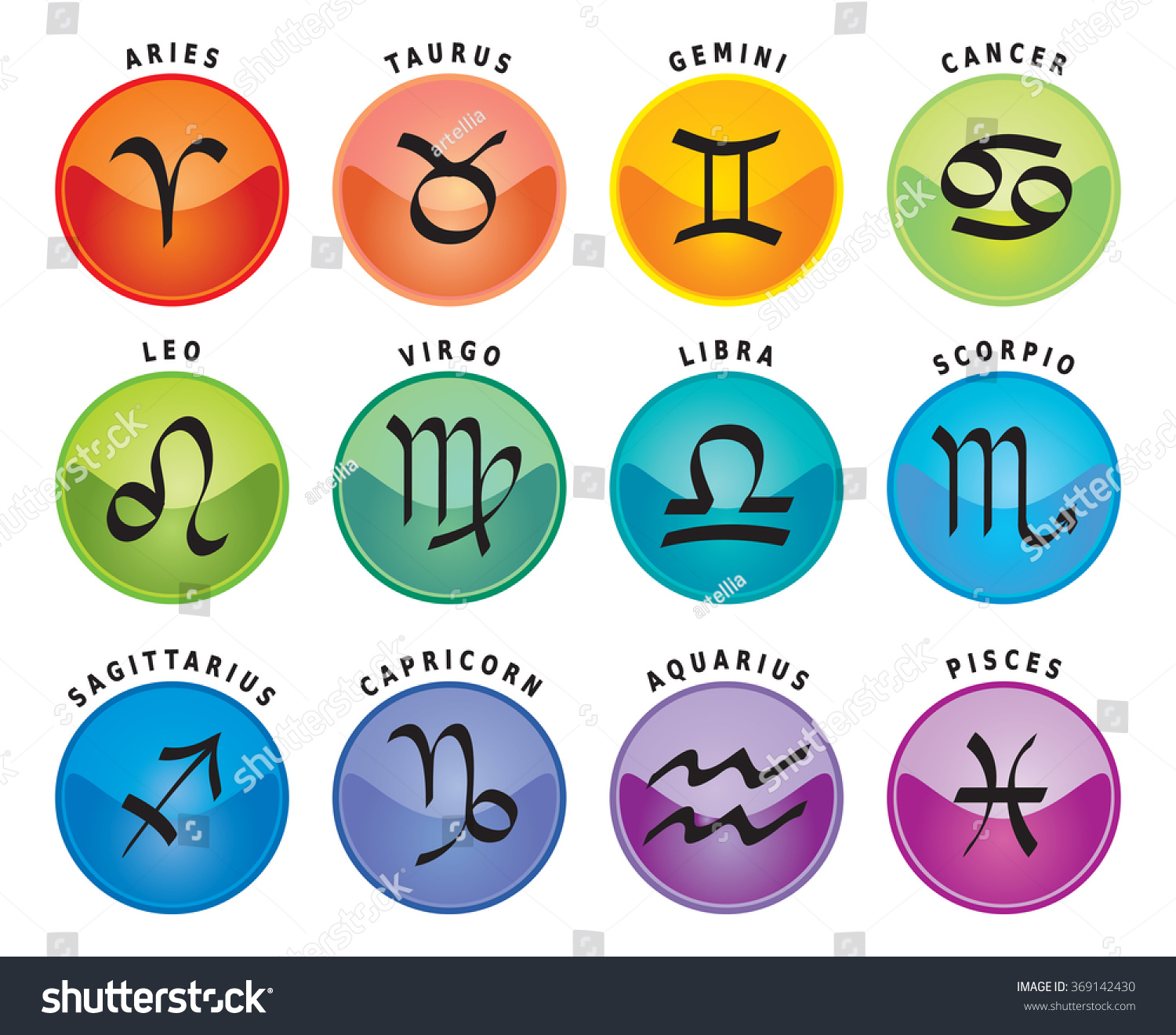 Zodiac Signs Twelve Astrology Icons With Names In English Stock Vector